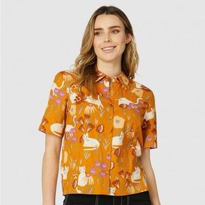 Princess Highway cotton short sleeve shirt -Scandinavian cat floral garden print